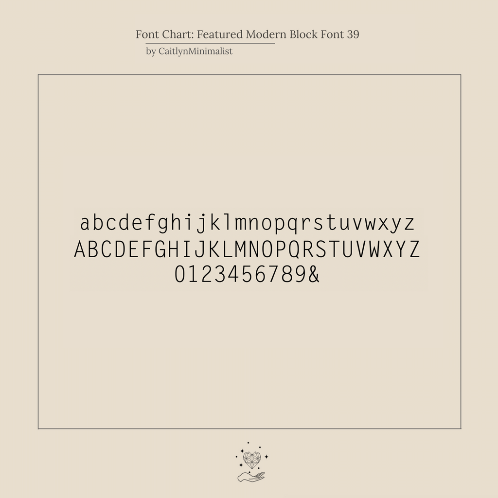 Modern block font chart showcases lowercase, uppercase letters, numbers 0–9, and an ampersand—ideal for personalizing your Modern Duo Initial Ring as a unique piece of custom jewelry.