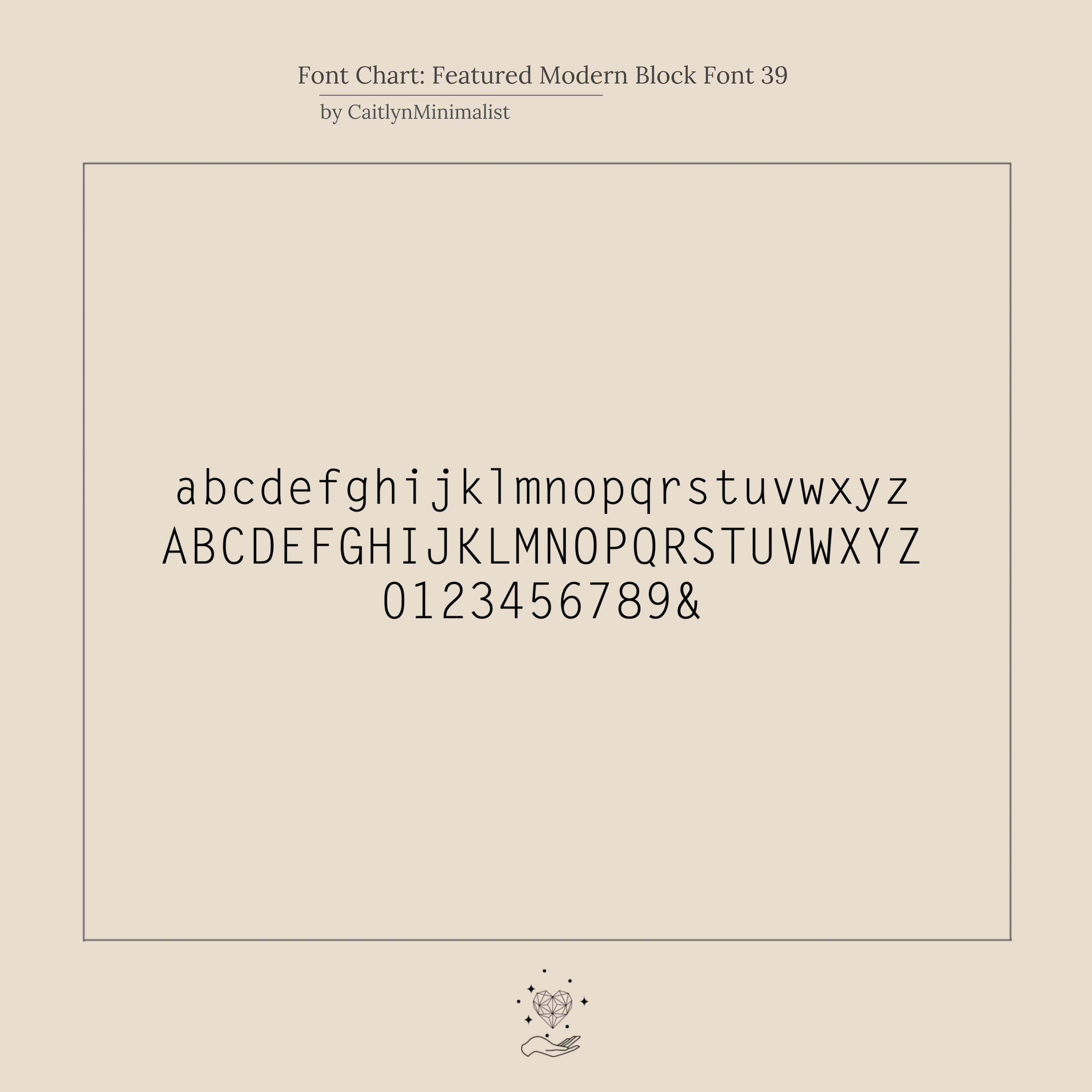 Font chart with modern block letters (A–Z, a–z), numbers 0–9, and ampersand on beige—ideal for customizing the Mini Name Bar Bracelet or creating a one-of-a-kind personalized gift.