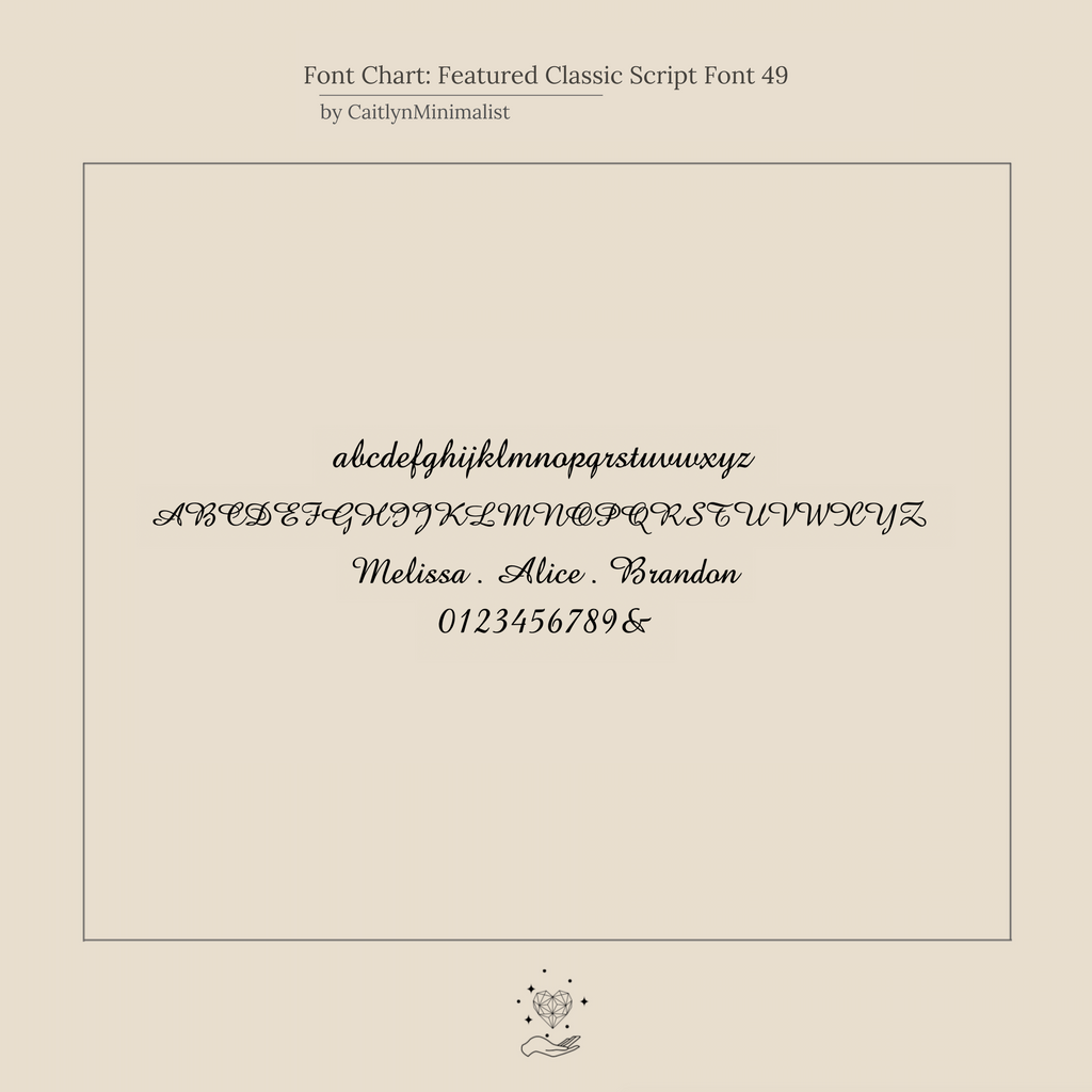 Font chart showing uppercase, lowercase, numbers, and sample names in a classic script style—perfect for customizing Classic Name Hoops—displayed on a cream background.