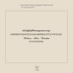 Font chart showing uppercase, lowercase, numbers, and sample names in a classic script style—perfect for customizing Classic Name Hoops—displayed on a cream background.