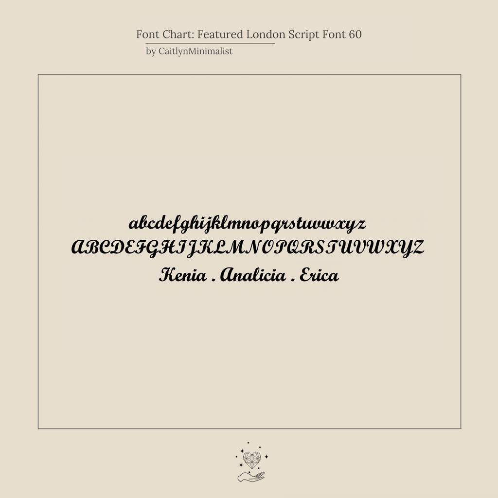 Font chart displays London Script in lowercase, uppercase, and sample names—Kenia, Analicia, and Erica—ideal for customizing your own London Triple Name Ring.