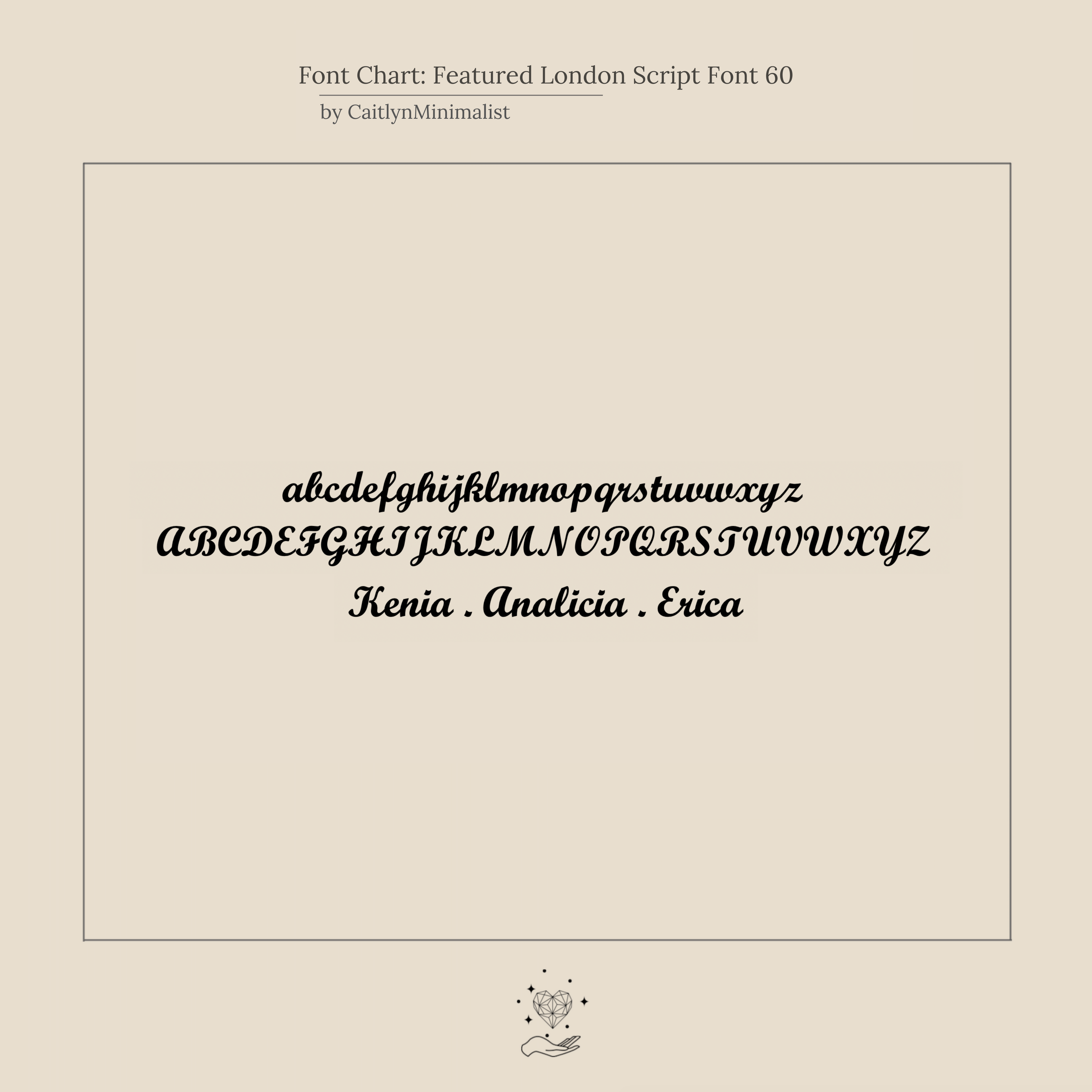Font chart displays London Script in lowercase, uppercase, and sample names—Kenia, Analicia, and Erica—ideal for customizing your own London Triple Name Ring.