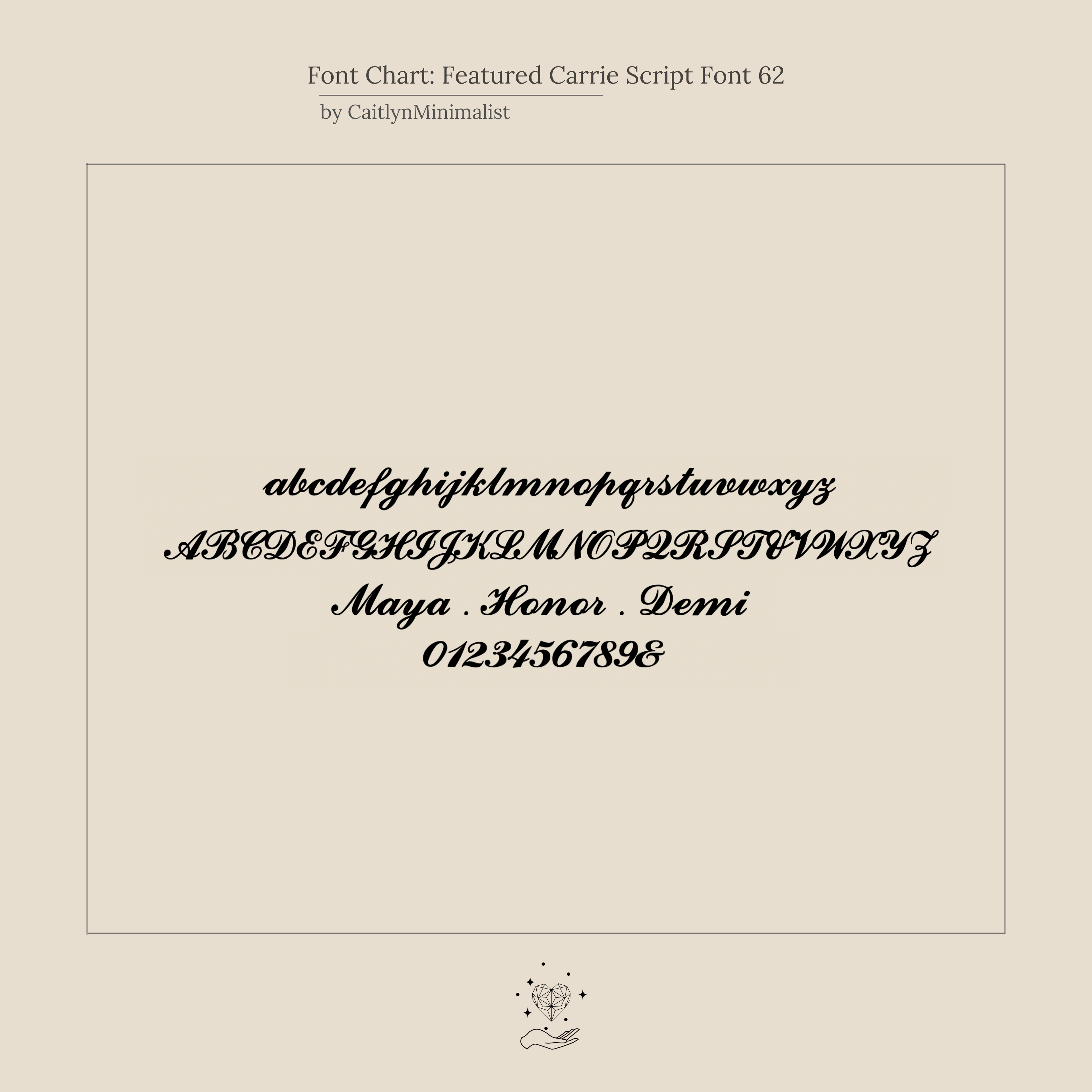A font chart displays cursive lowercase and uppercase letters, names, and numbers in Carrie Script Font 62—ideal for designing your Carrie Name Necklace or other personalized jewelry pieces.