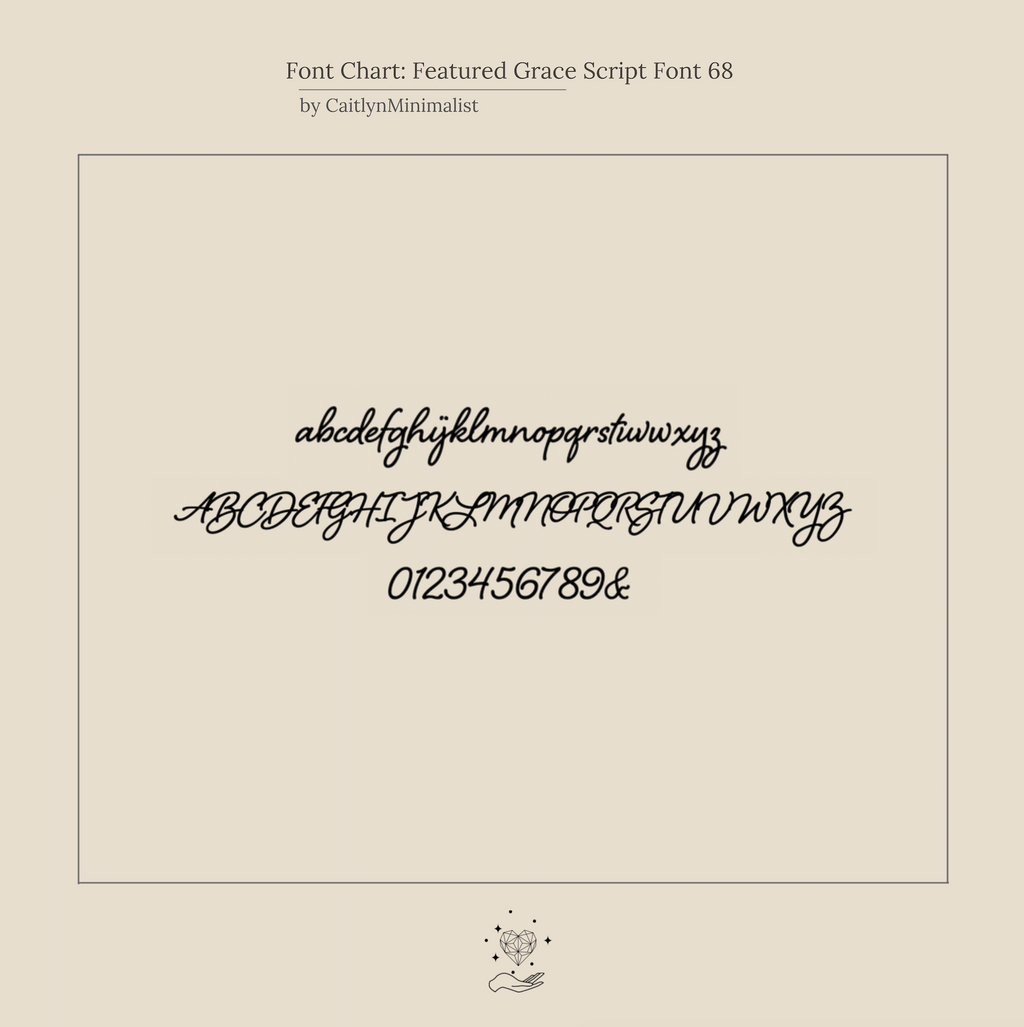 Cursive script font chart displaying lowercase, uppercase, numbers, and ampersand on a beige background—ideal for customizing your Grace Script Name Ring in Rose Gold.