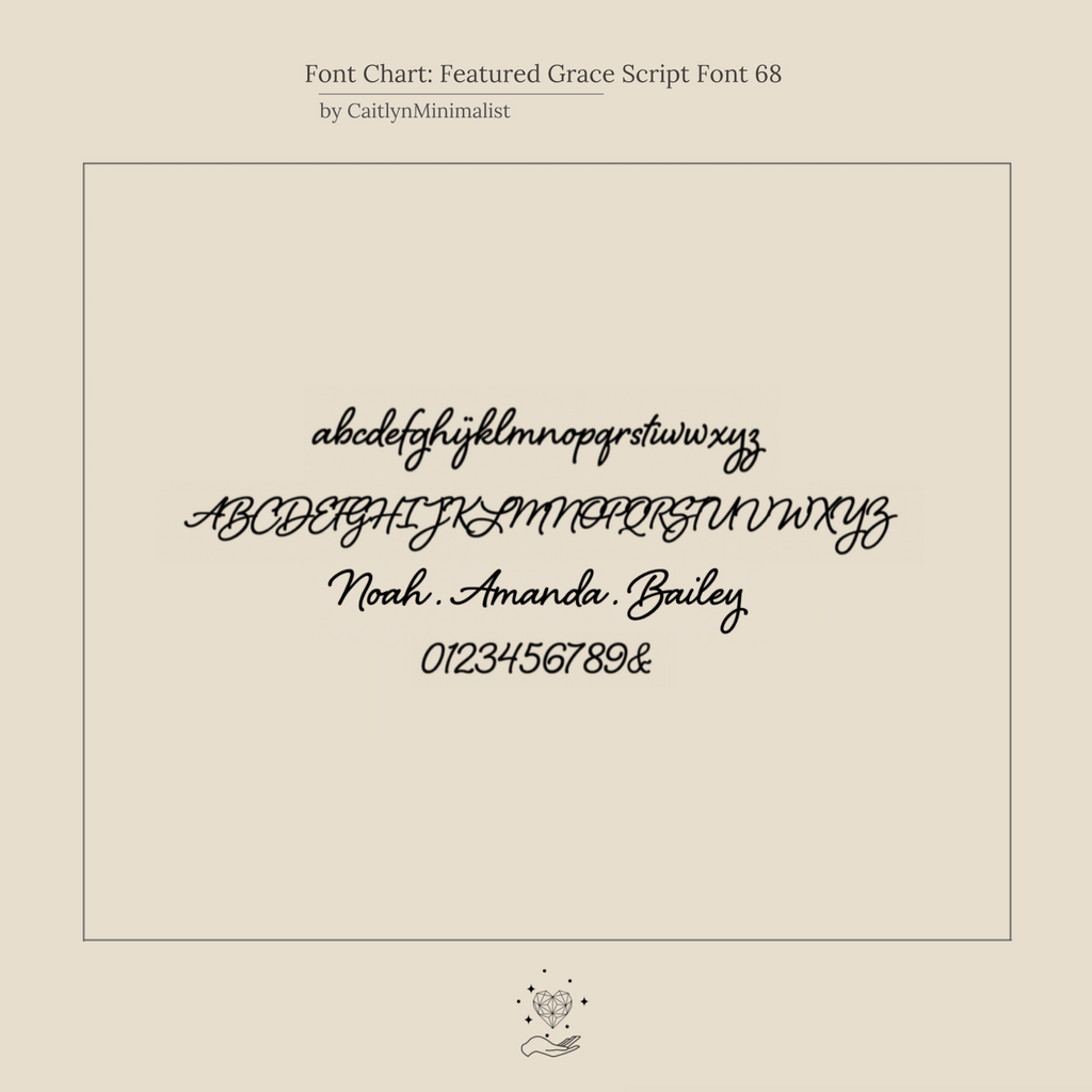 See the Grace Name Heart Necklace: a font sample displays elegant cursive uppercase, lowercase, names, and numbers—ideal for creating a timeless personalized or name necklace.