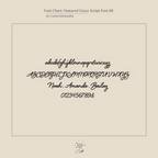 Cursive script font sample for the Tiny Grace Name Necklace displays uppercase, lowercase, names, and numbers on a beige background.