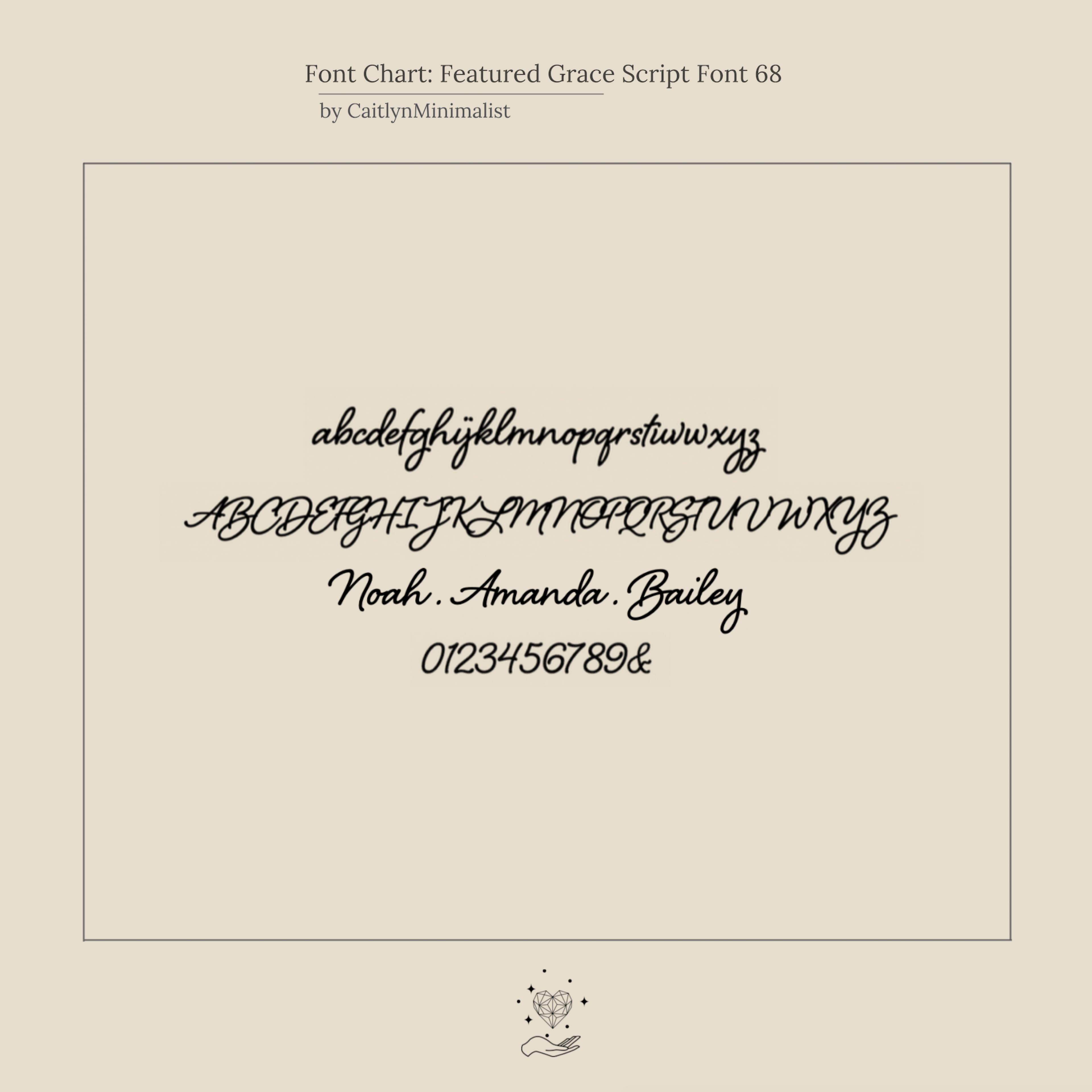Cursive script font sample for the Tiny Grace Name Necklace displays uppercase, lowercase, names, and numbers on a beige background.