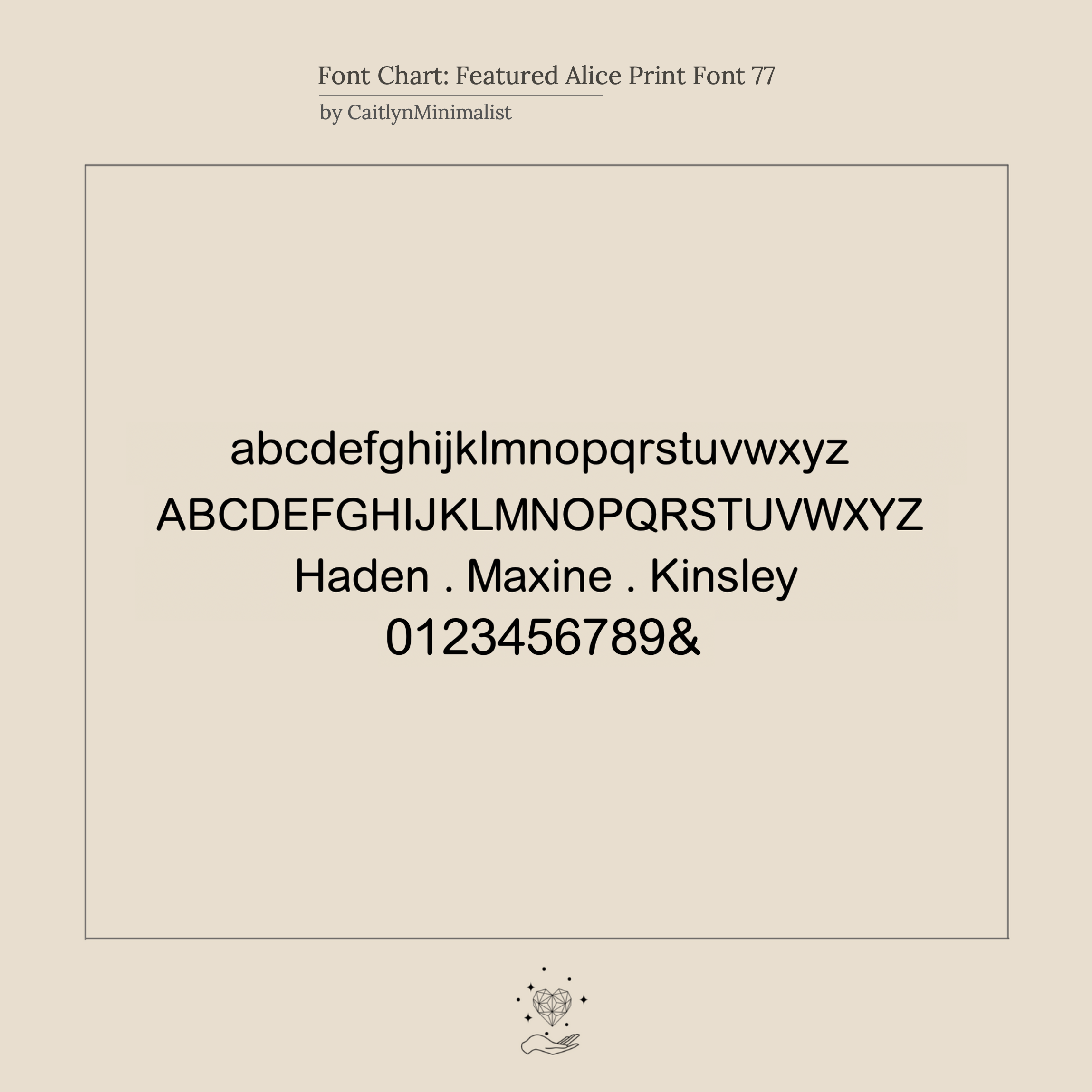 A font chart displays Alice Print Font 77 with uppercase, lowercase, numbers, and sample names—ideal for personalizing your Skinny Initial Ring.