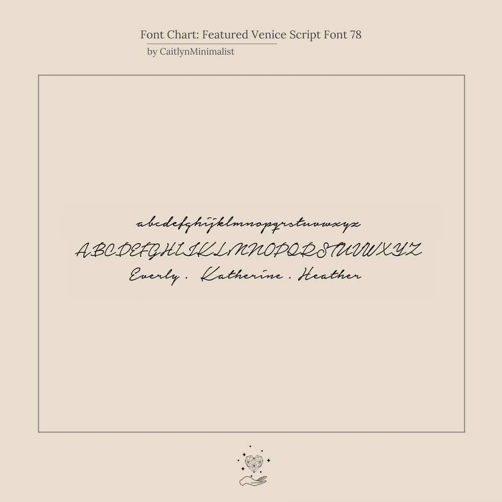 A script font chart displays cursive uppercase and lowercase letters, perfect for custom jewelry like the Venice Name Ring. Examples include names Everly, Katherine, and Heather in the elegant Venice Script Name style.