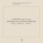 A script font chart displays cursive uppercase and lowercase letters, perfect for custom jewelry like the Venice Name Ring. Examples include names Everly, Katherine, and Heather in the elegant Venice Script Name style.