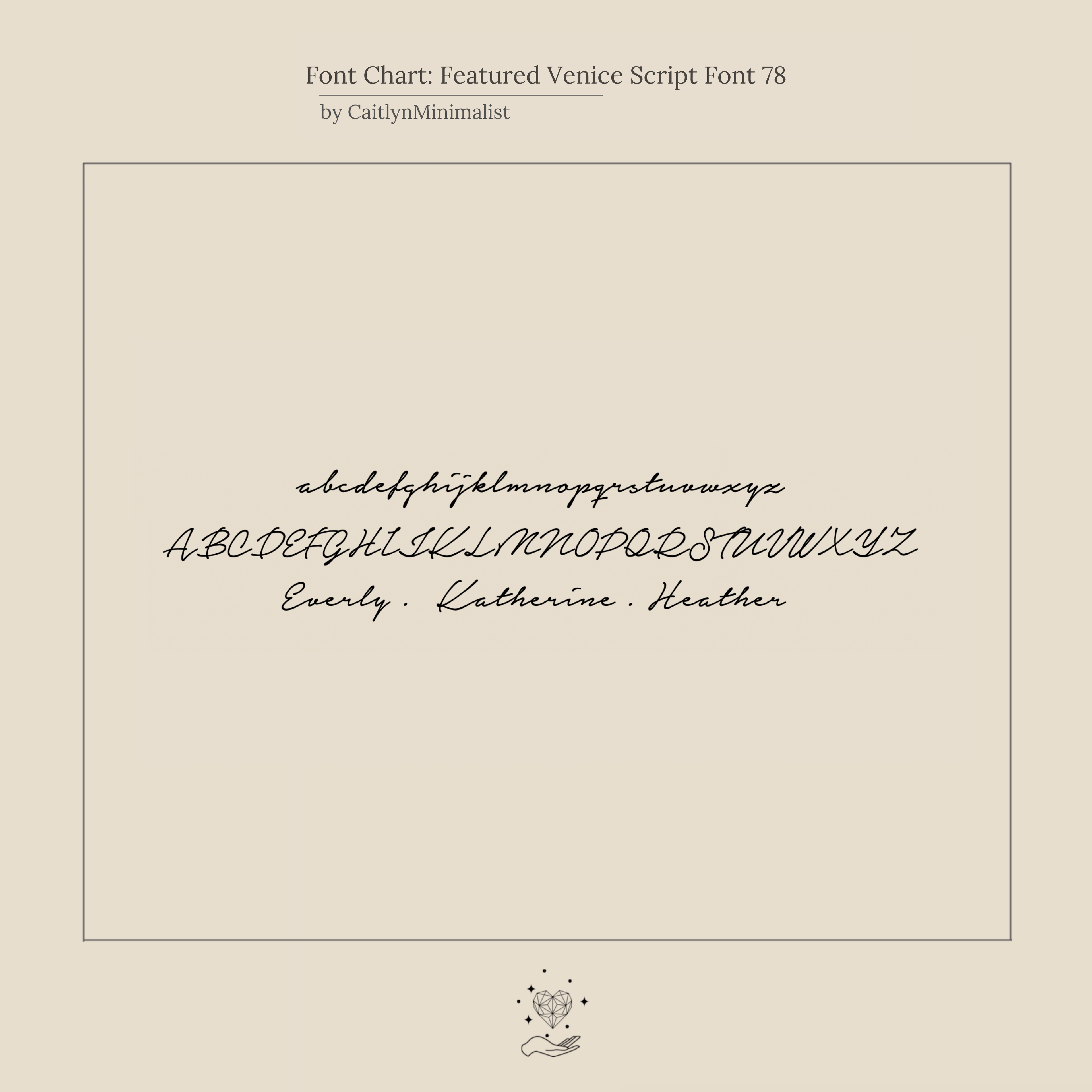 A script font chart displays cursive uppercase and lowercase letters, perfect for custom jewelry like the Venice Name Ring. Examples include names Everly, Katherine, and Heather in the elegant Venice Script Name style.