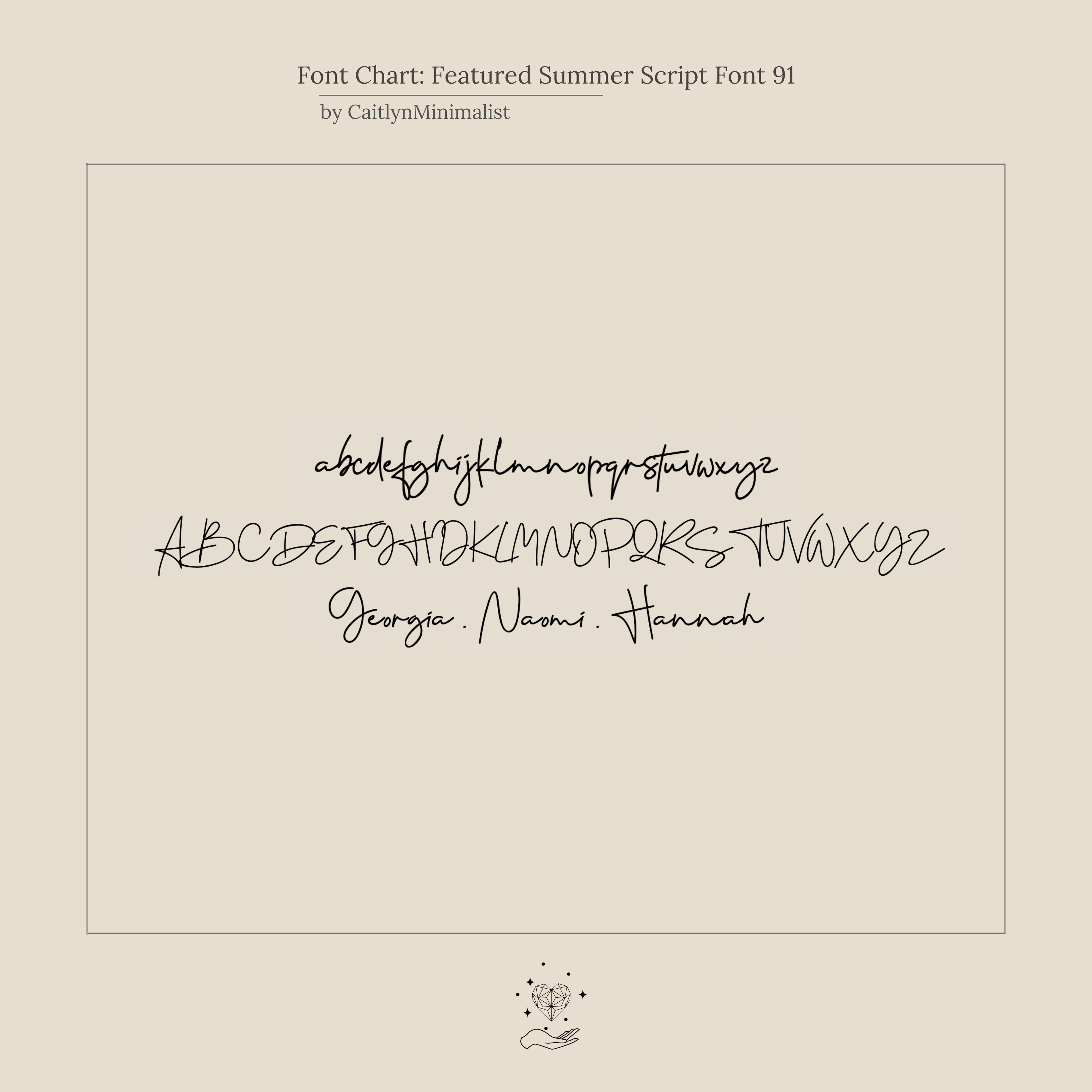 Cream background font chart showing Summer Script Font 91 in cursive (lowercase, uppercase, and names)—perfect for personalizing your Summer Name Necklace in Figaro Chain with a custom cursive nameplate.