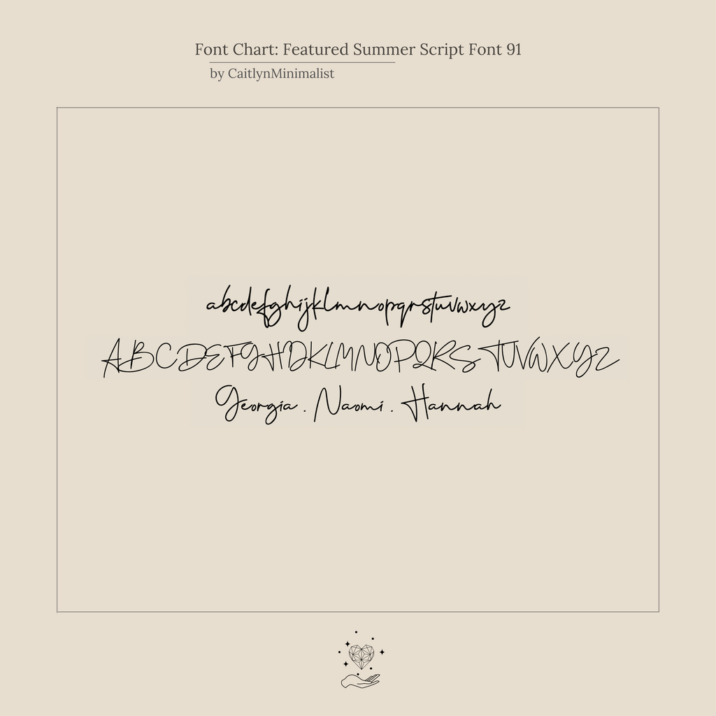 Handwritten script font chart featuring a delicate style—see lowercase, uppercase, and name samples like Georgia, Naomi, and Hannah. Perfect for your Tiny Summer Name Necklace or any custom piece.