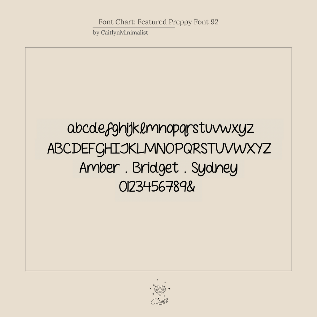 Font chart featuring lowercase, uppercase, sample names, and numbers in a rounded, playful handwritten style—ideal for youth-inspired designs or personalizing the Preppy Multiple Name Necklace in Curb Chain.
