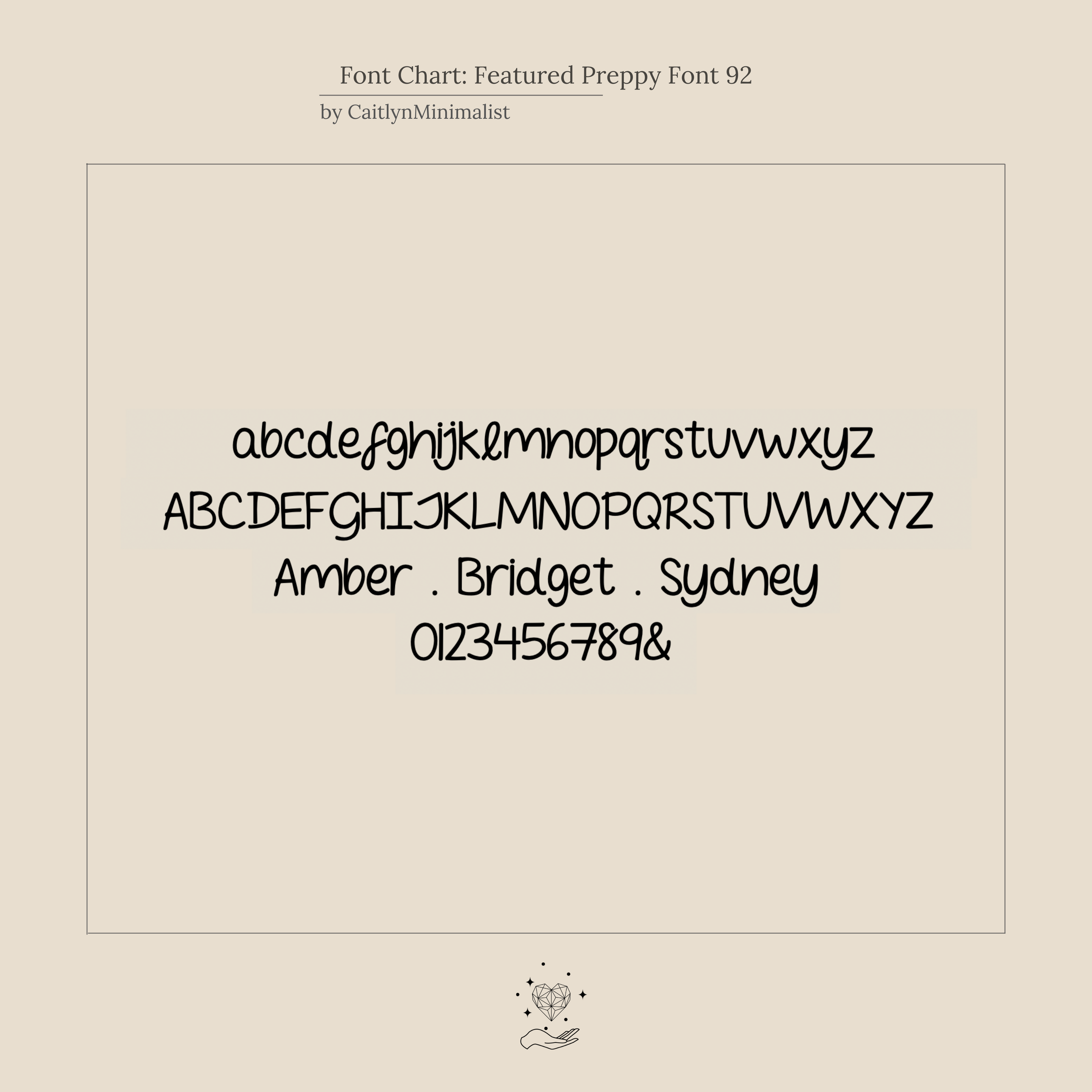 Showcase your style with the Tiny Preppy Name Necklace, featuring a youth-inspired preppy script font with upper/lowercase letters, numbers, and sample names like Amber, Bridget, and Sydney—perfect for personalized nameplates.