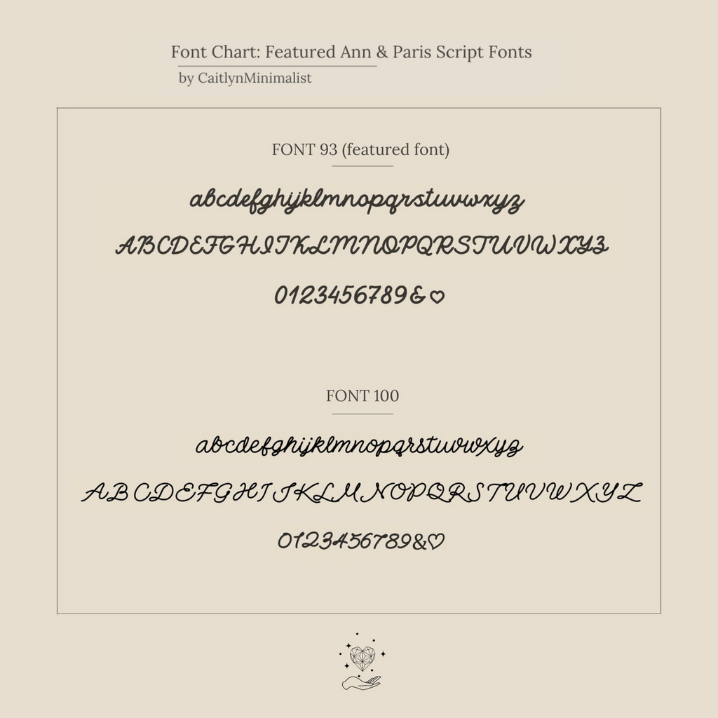 A chart compares two script fonts with samples of letters and numbers on a beige background, helping you pick the perfect style for the Ann Skinny Name Ring in Rose Gold—a thoughtful Christmas gift for her.