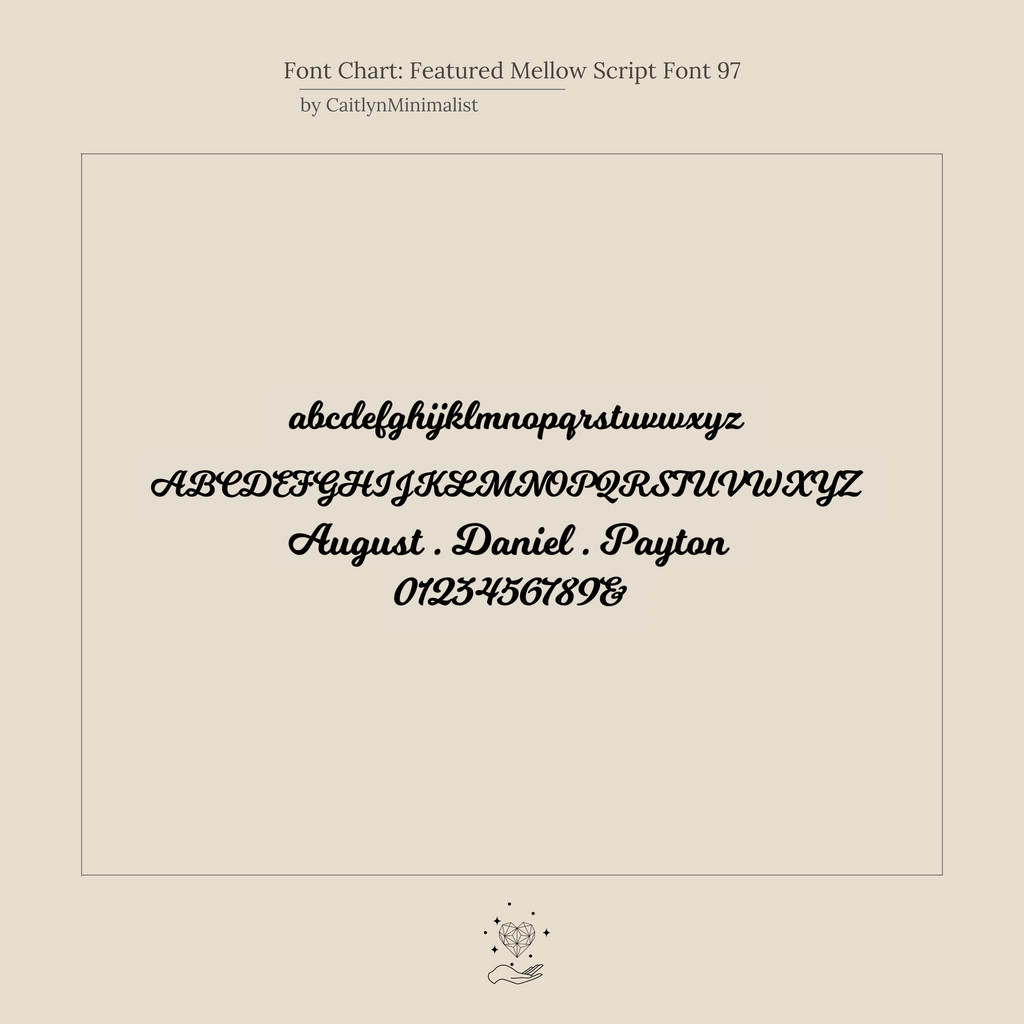 Script font chart displays lowercase, uppercase, sample names, and numbers in elegant cursive—ideal for designing your personalized Mellow Name Necklace in Rose Gold.