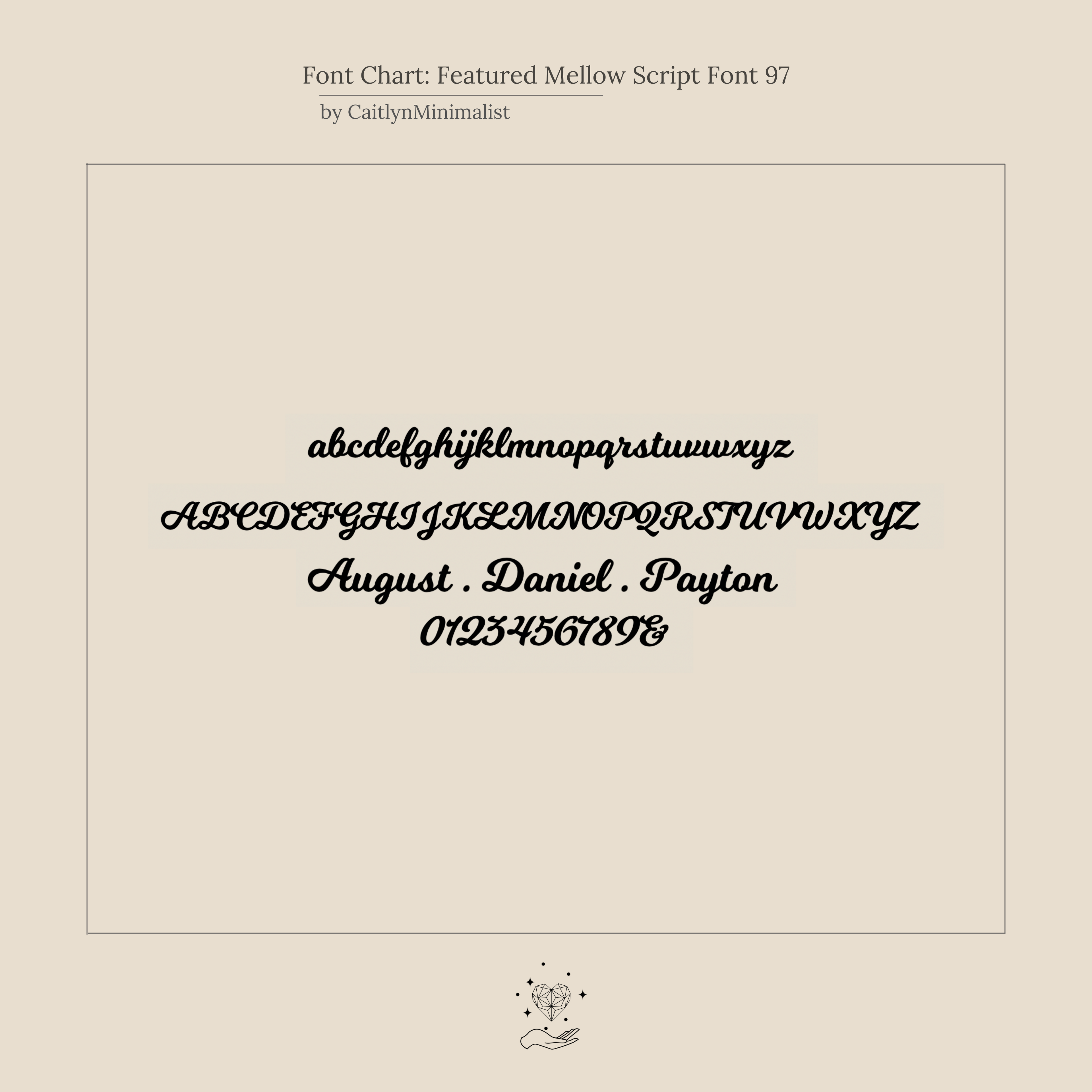 A font chart displays Mellow Script Font 97 in lowercase, uppercase, sample names, and numbers—ideal for creating a personalized jewelry piece like the Mellow Pearl Name Necklace.