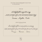 Font chart displaying two cursive fonts with uppercase, lowercase, and sample names on a beige background—perfect for customizing your Dainty Name Necklace.