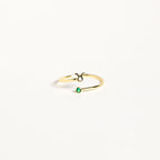 The Zodiac Birthstone Ring features a gold band with the Taurus symbol and a small green birthstone, combining elegant jewelry with celestial charm on a plain white background.