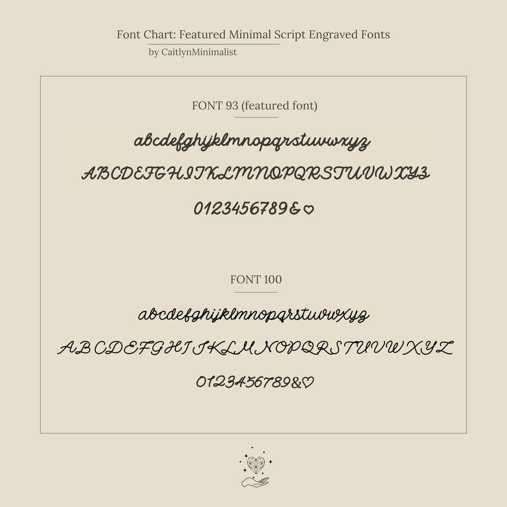 Image showcasing two featured minimal script fonts—ideal for the Ann Engraved Name Ring—with uppercase, lowercase, numbers, and symbols.