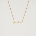 Venice Name Necklace in Box Chain featuring a dainty cursive pendant, displayed against a simple light background.