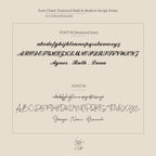 A font chart displays two script fonts with lower and uppercase letters plus sample names in minimal styles—ideal for designing the Carrie Name Necklace in Figaro Chain.