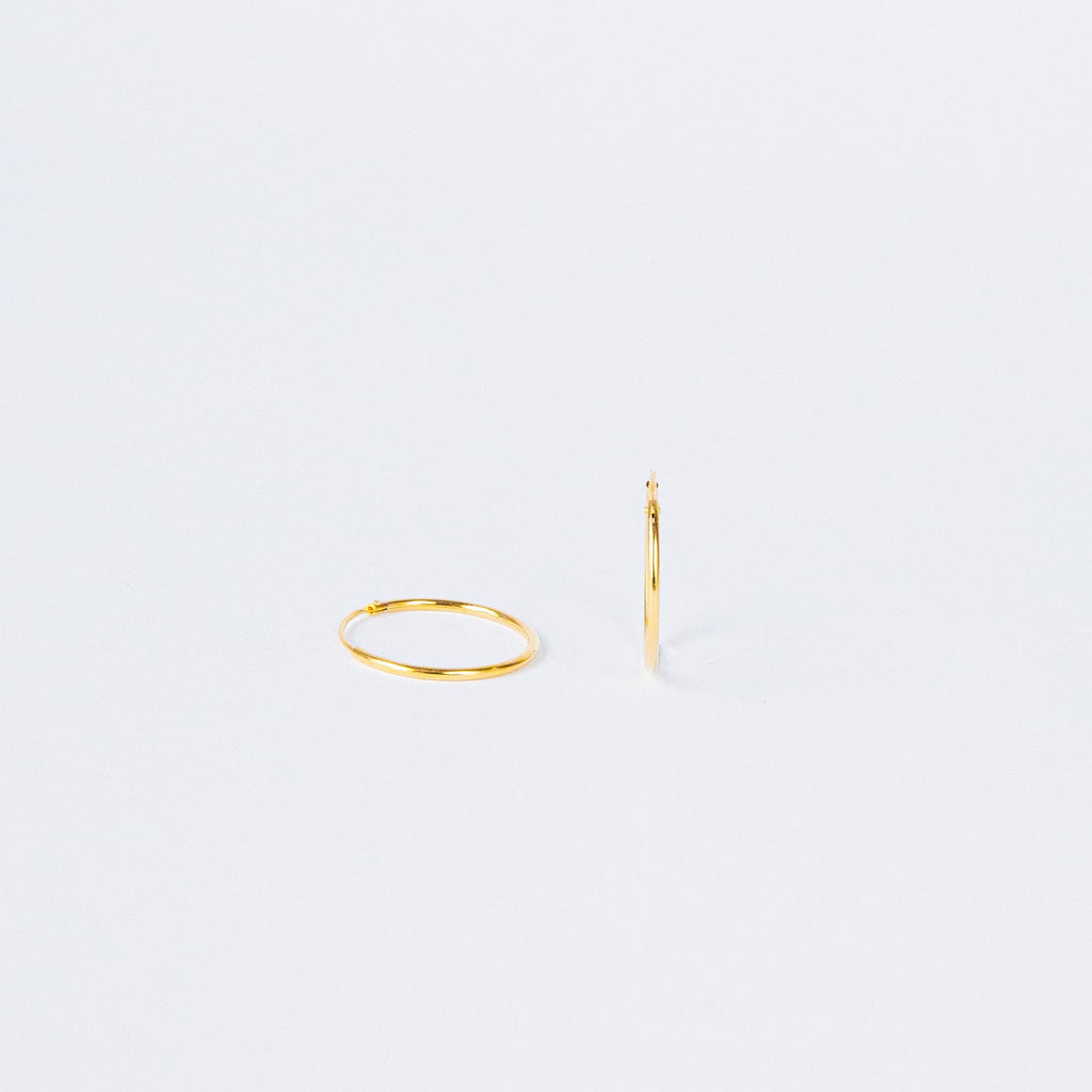 Two Thin Hoop Earrings are displayed on a plain white background—one lying flat and one standing upright—highlighting their minimalist style that's perfect for everyday wear.