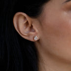Close-up of a woman's ear wearing Oval Diamond Studs—classic jewelry with her dark hair tucked behind her ear.