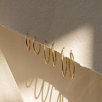 Five Medium Thin Hoops are displayed on a textured off-white surface, with soft sunlight highlighting their classic, minimalist design.