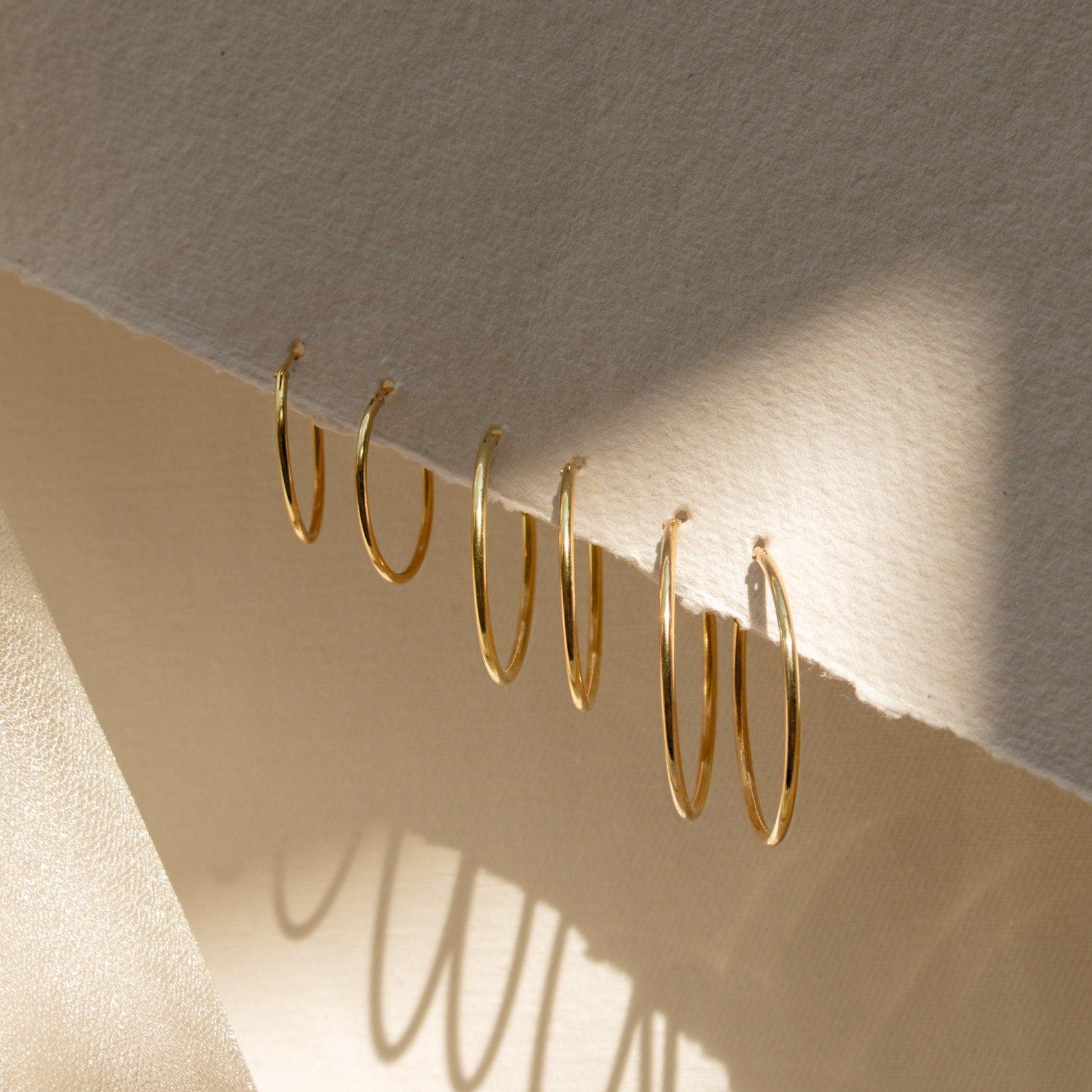 Five Medium Thin Hoops are displayed on a textured off-white surface, with soft sunlight highlighting their classic, minimalist design.