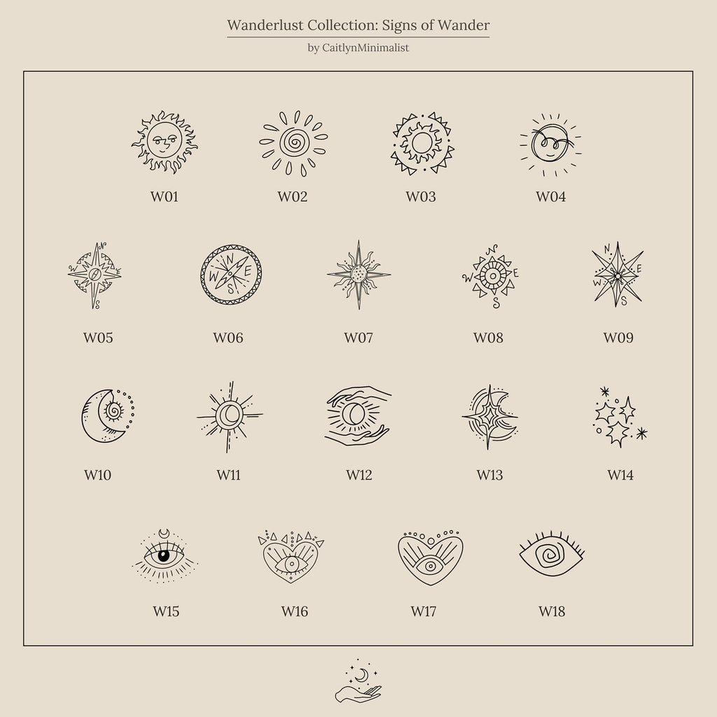 Minimalist black line art sun, moon, and star icons labeled W01–W18 on a beige background—ideal for designing your next Wanderlust Signet Ring.