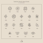 Minimalist black line art sun, moon, and star icons labeled W01–W18 on a beige background—ideal for designing your next Wanderlust Signet Ring.