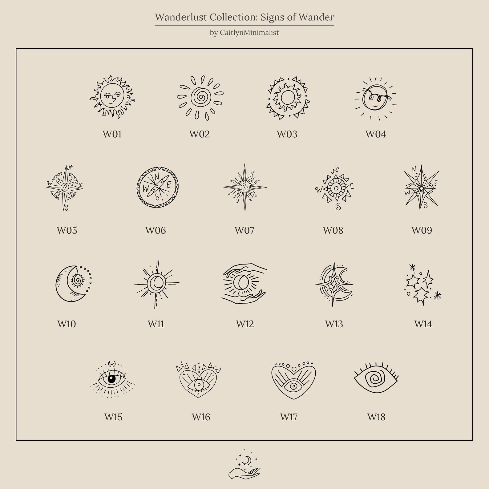 Minimalist black line art sun, moon, and star icons labeled W01–W18 on a beige background—ideal for designing your next Wanderlust Signet Ring.