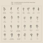 The Flower Name Necklace features simple line drawings of birth flowers for each month, each labeled with the flower’s name and corresponding month.