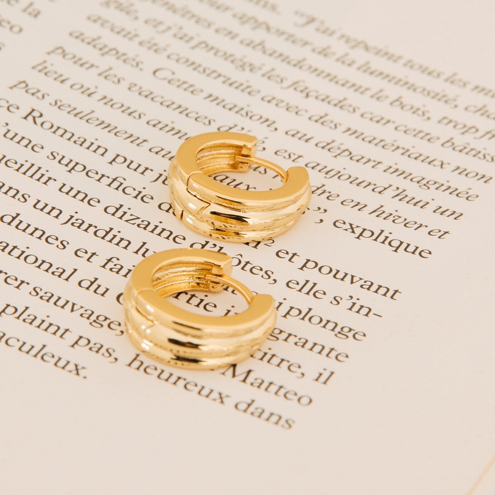 The Canal Chunky Hoops rest on an open book with French text, bringing a modern twist to classic everyday earrings.