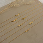 Six delicate gold customizable name plate necklaces, including the Tiny Preppy Name Necklace, are arranged in parallel rows on a beige surface with dried flowers above.