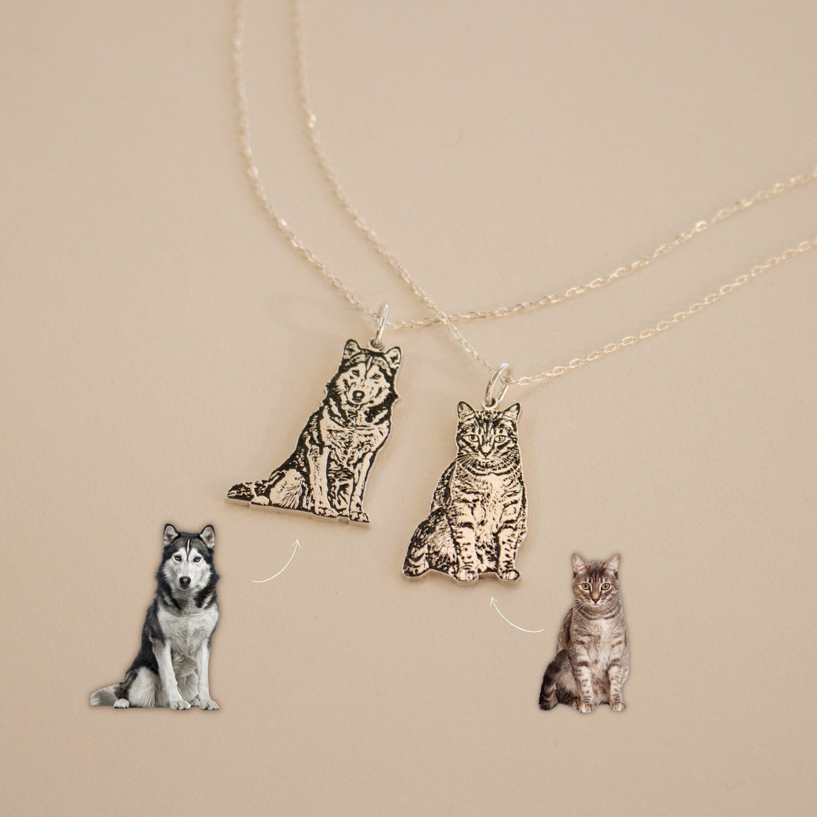 Show off your love for your furry friend with the Custom Pet Portrait Necklace—a personalized pendant featuring an engraved image of your dog or cat alongside their photo, perfectly capturing your beloved companion’s likeness.