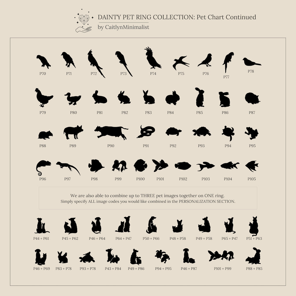 Chart of 40 pet animal silhouettes, each with a unique code—ideal for Pet Initial Ring inspiration. Includes birds, cats, dogs, rabbits & more. Perfect for pet lovers customizing their own jewelry.