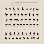 Chart of 40 pet animal silhouettes, each with a unique code—ideal for Pet Initial Ring inspiration. Includes birds, cats, dogs, rabbits & more. Perfect for pet lovers customizing their own jewelry.