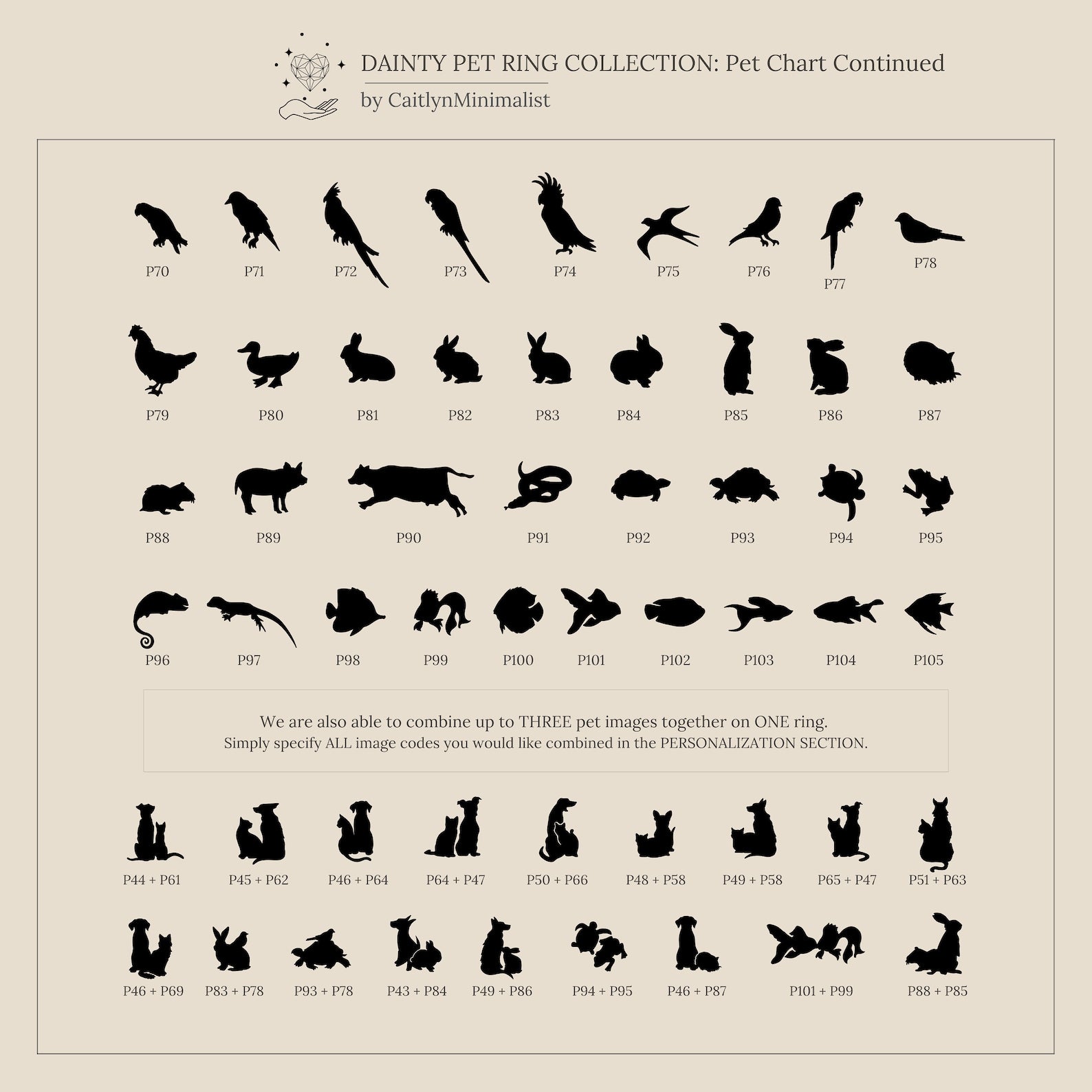 Chart of 40 pet animal silhouettes, each with a unique code—ideal for Pet Initial Ring inspiration. Includes birds, cats, dogs, rabbits & more. Perfect for pet lovers customizing their own jewelry.