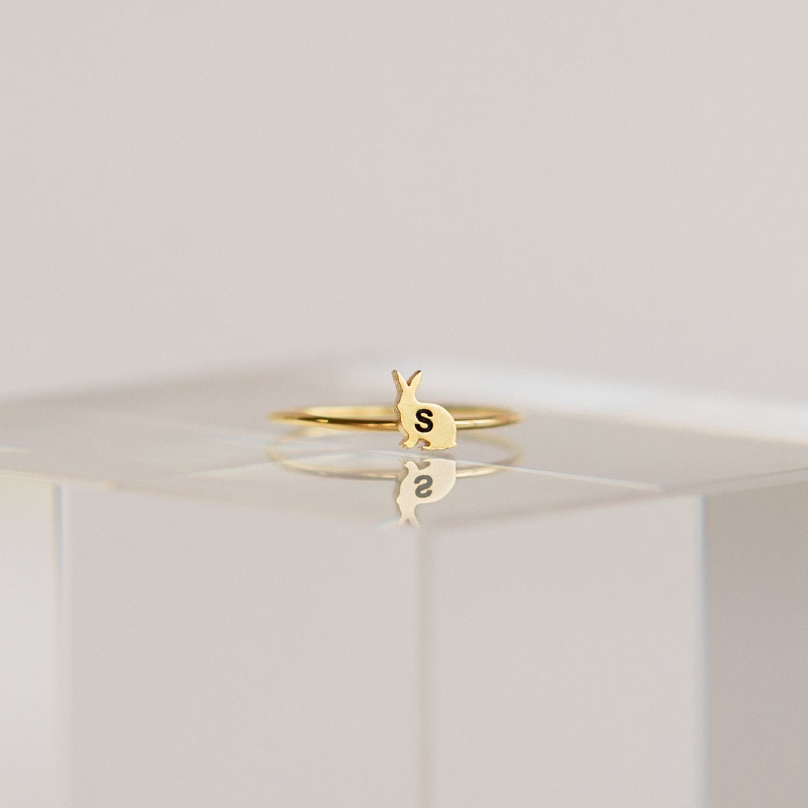 Pet Initial Ring with a small bunny-shaped charm featuring the letter S, presented on a clear minimalist stand—ideal personalized jewelry for pet lovers.
