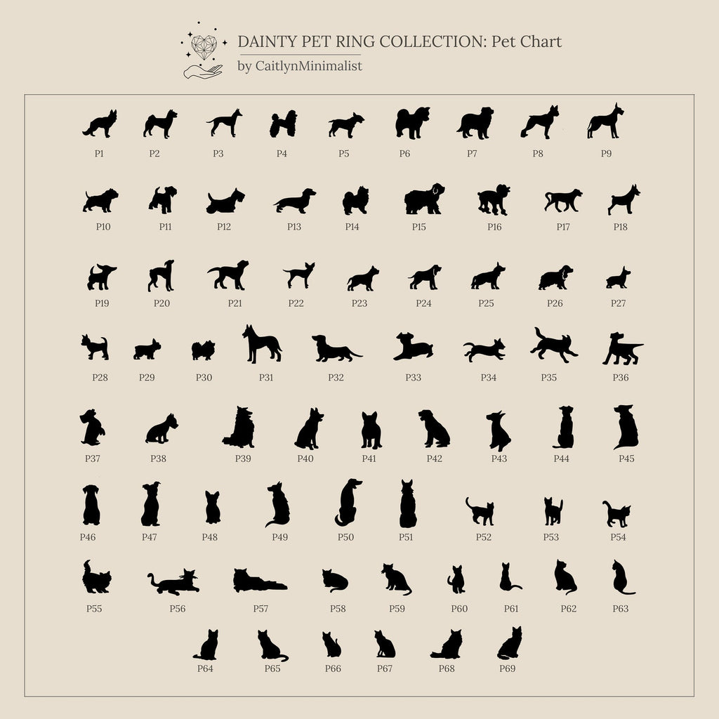 Grid of 64 black pet silhouettes—dogs and cats labeled P1 to P64 on beige background—great inspiration for creating a personalized Duo Pet Initial Wrap Ring in Rose Gold.