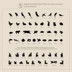 Silhouette chart of black birds, reptiles, rodents, rabbits, and cats on beige—perfect inspiration for customizing the Duo Pet Initial Ring, an ideal personalized gift for pet lovers or unique pet jewelry.