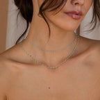 A woman with loose hair and bare shoulders wears the Turquoise Station Necklace, a double-layered turquoise beaded piece perfect for achieving a chic boho look.