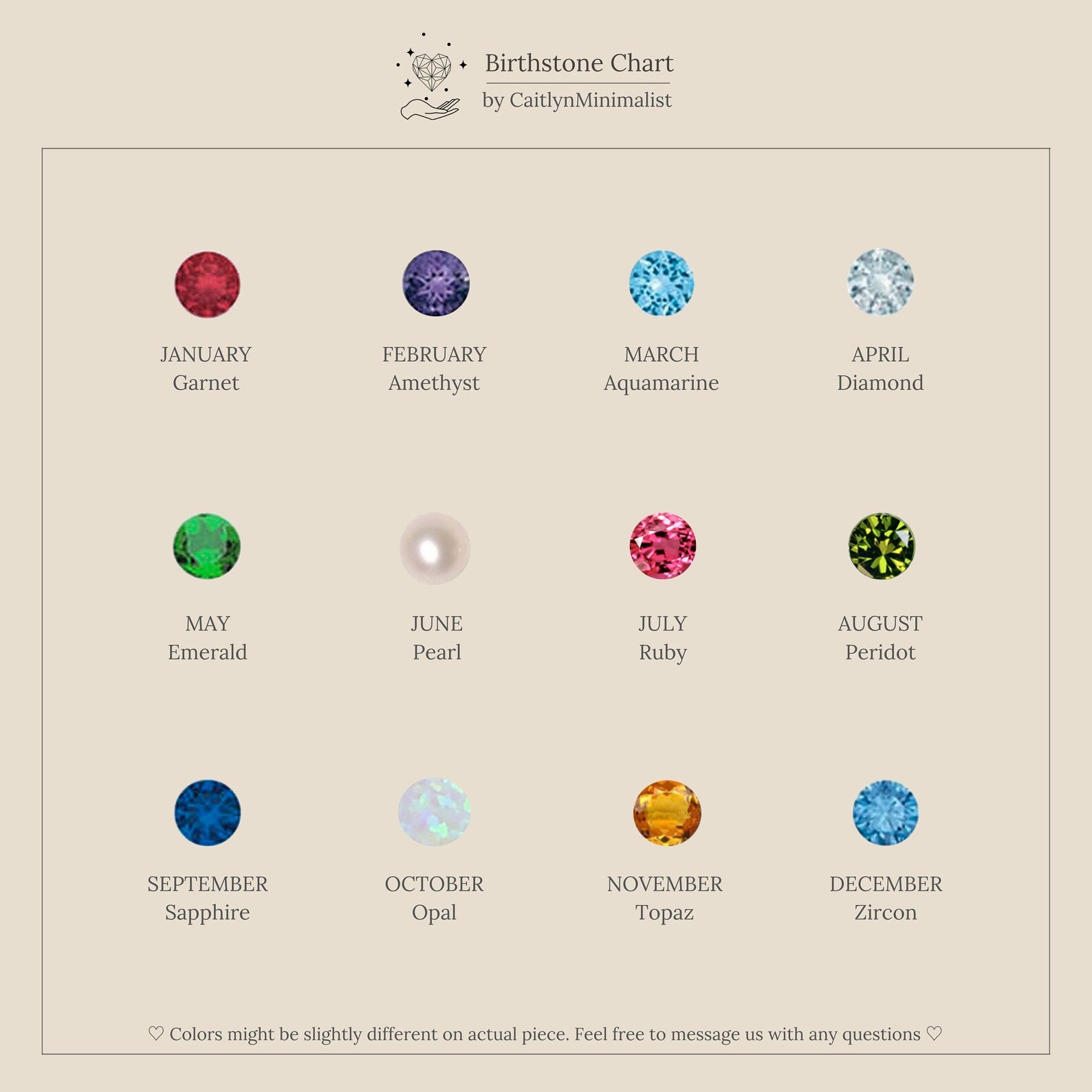 Chart displaying 12 birthstone options by month, each represented by a colored gemstone: January – Garnet (red), February – Amethyst (purple), March – Aquamarine (light blue), April – Diamond (clear), May – Emerald (green), June – Pearl (white), July – Ruby (pink-red), August – Peridot (light green), September – Sapphire (deep blue), October – Opal (iridescent white), November – Topaz (orange-yellow), and December – Zircon (blue).