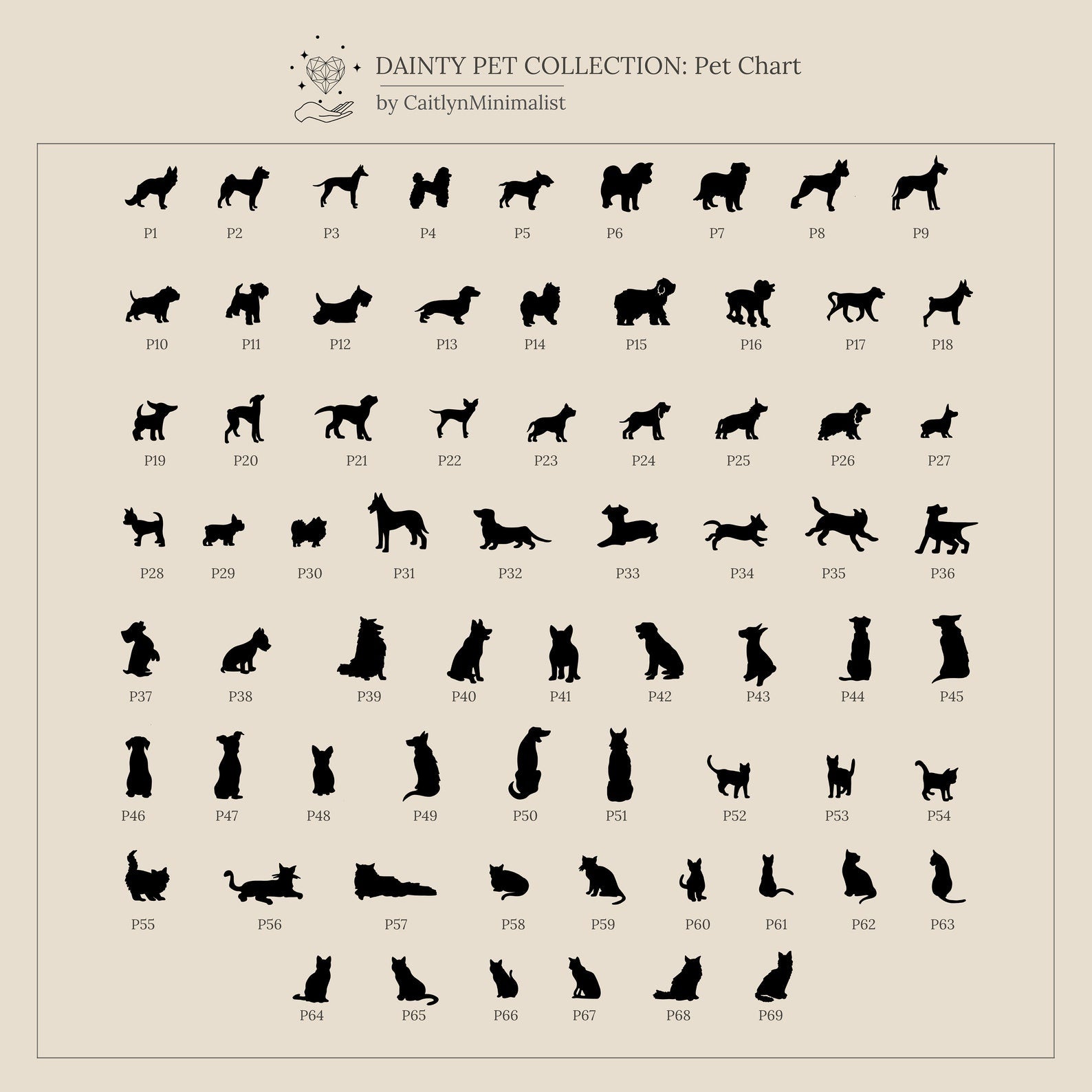 A chart of 64 black pet silhouettes labeled P1–P64, featuring various dog and cat breeds—ideal for choosing your favorite to customize a Pet Initial Necklace or gift to a pet lover.
