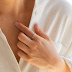 A person in a white shirt touches their chest with a hand adorned by the Mini Birthstone Ring in Sterling Silver, adding an elegant touch.