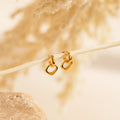 Reagan Duo Huggies dangle elegantly from a slender branch, featuring gold geometric hoops that shine against a subtle, neutral backdrop.