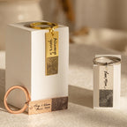 Three upright Fingerprint Bar Keychains with engraved fingerprints and custom handwritten messages—each unique keychain is a meaningful, personalized keepsake.